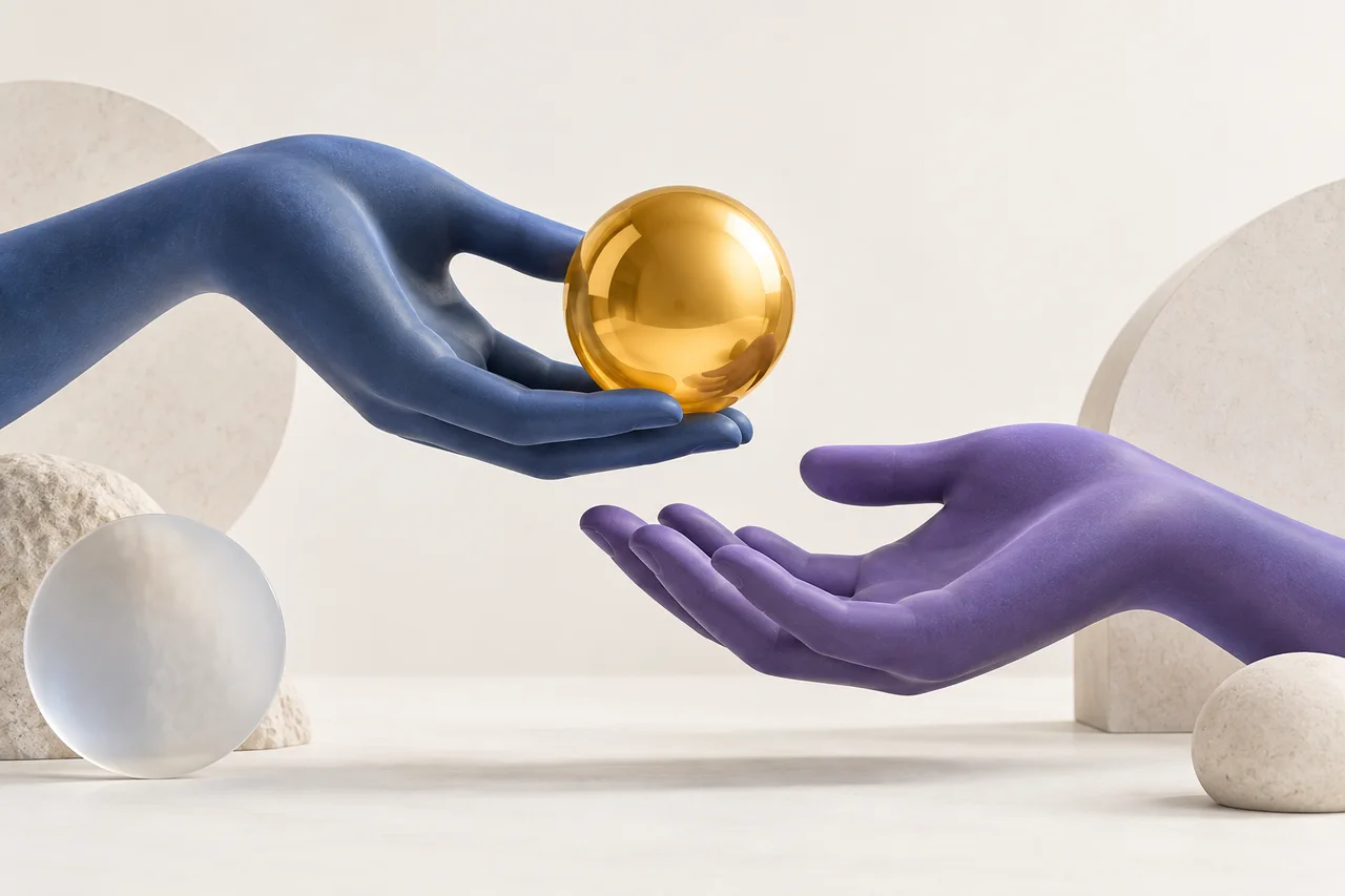 Blue and purple sculptural hands passing a golden sphere, representing shared ownership.