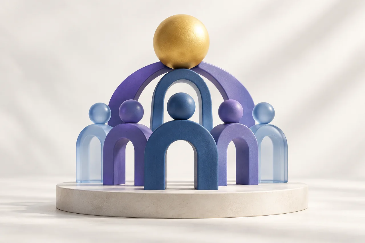 Blue and purple arches working together to support a golden sphere.