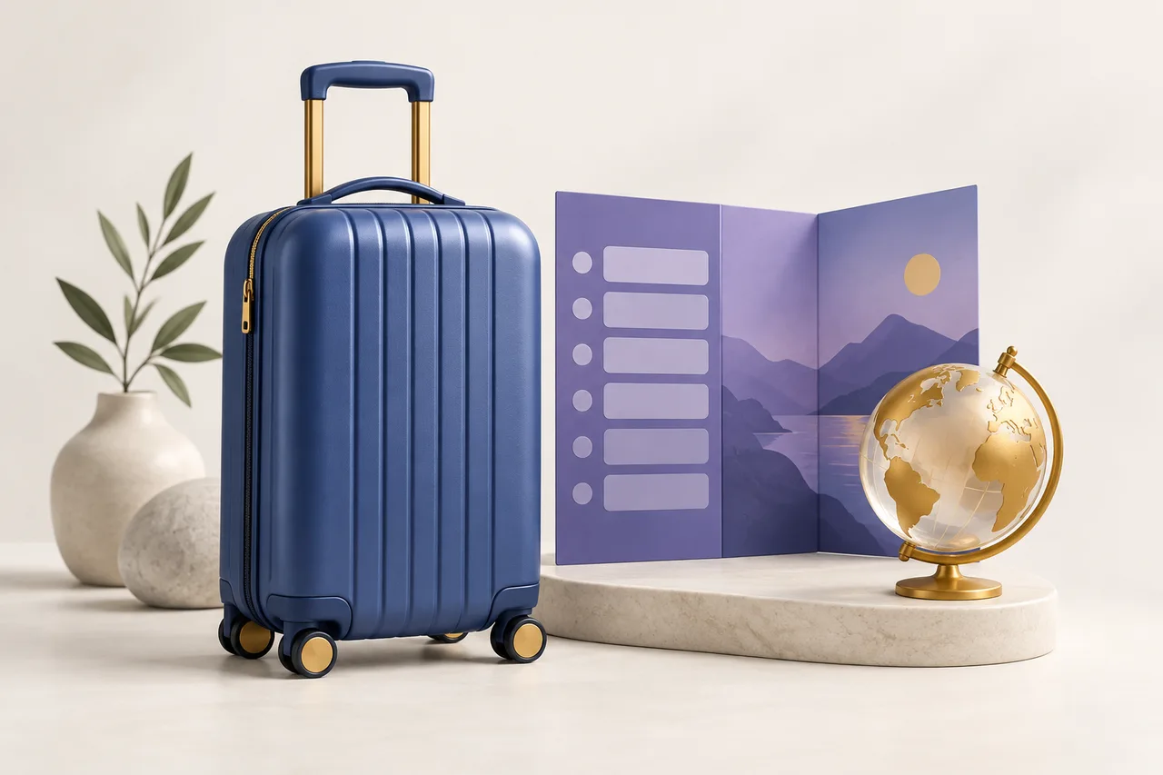 A blue suitcase, purple itinerary, and golden globe arranged for a well-planned trip.